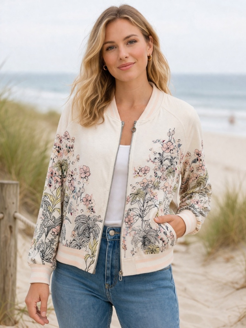 Sportelle Women's Floral Bomber Jacket - Cream and Peach